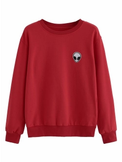 Womens Casual Long Sleeve Pullover Sweatshirt Alien Patch Shirt Tops