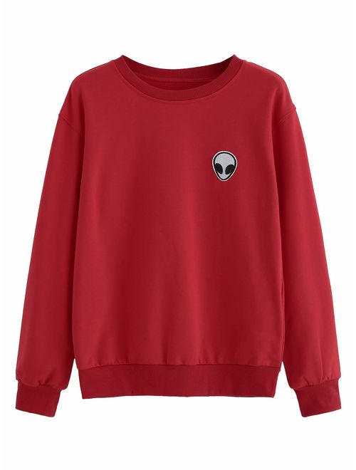 SweatyRocks Womens Casual Long Sleeve Pullover Sweatshirt Alien Patch Shirt Tops