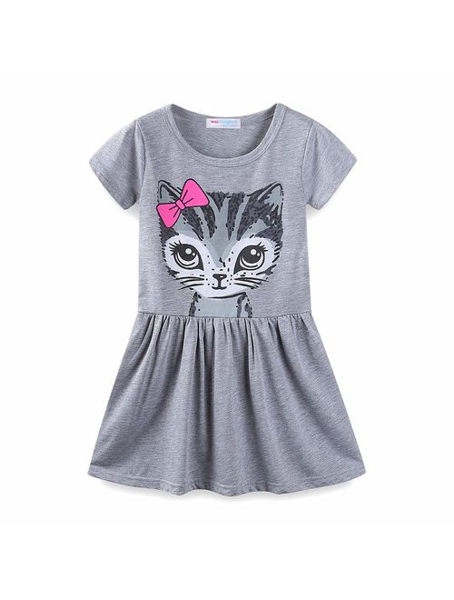 LittleSpring Summer Cat Dresses for Girls Short Sleeve Casual Cotton Clothes