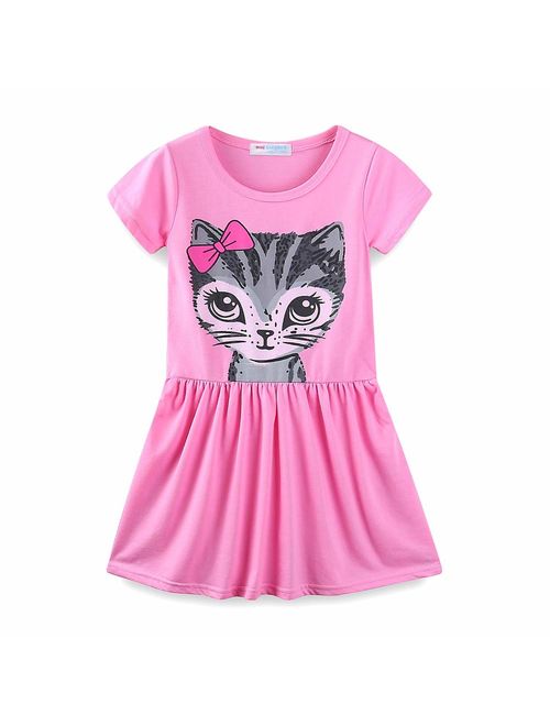 LittleSpring Summer Cat Dresses for Girls Short Sleeve Casual Cotton Clothes