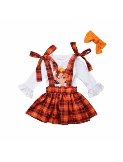 3PCS Toddler Baby Girls Christmas Outfit Ruffle Sleeve Deer Santa Tops+Suspender Plaid Skirt Set