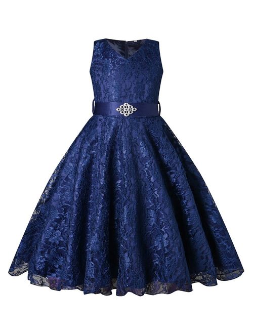 BEAUTY CHARM Girls Tulle Lace Glitter Vintage Pageant Prom Dresses with Belt