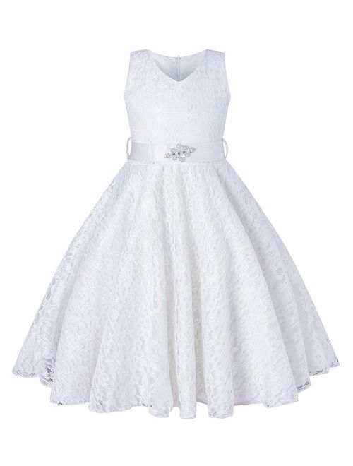 BEAUTY CHARM Girls Tulle Lace Glitter Vintage Pageant Prom Dresses with Belt