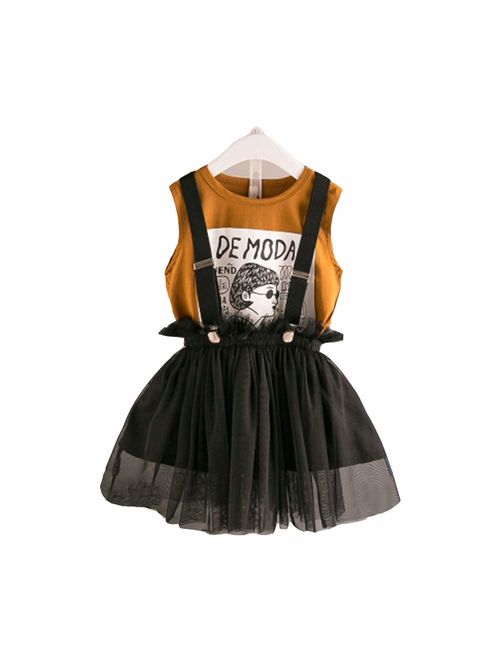 Zcaynger Little Girls Tulle Tutu Skirt & Printed Tank/Baby Girls Strap Skirt Sets