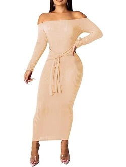 Women Bodycon Ribbed Sweater Dress Sexy Off Shoulder Long Sleeve Maxi Knit Stretchy Pullover Dresses Slim Fit