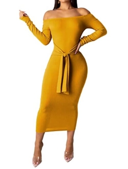 Women Bodycon Ribbed Sweater Dress Sexy Off Shoulder Long Sleeve Maxi Knit Stretchy Pullover Dresses Slim Fit