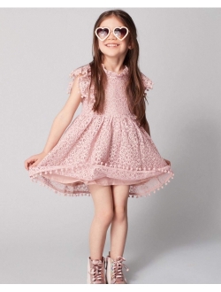 2Bunnies Girl Vintage Lace Pom Pom Trim Birthday Party Flower Girl Dress
