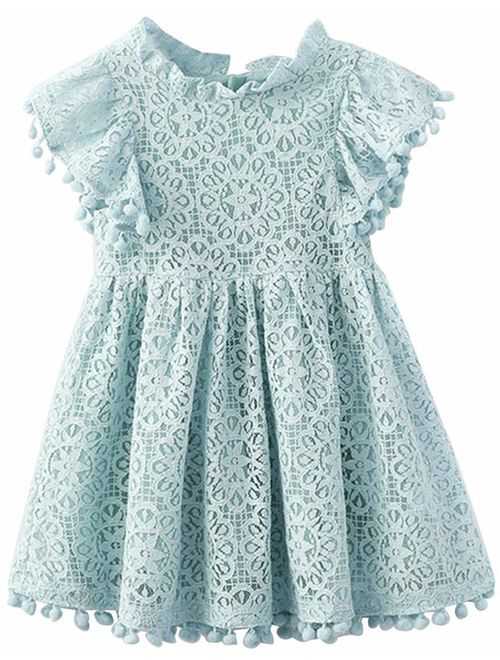 2Bunnies Girl Vintage Lace Pom Pom Trim Birthday Party Flower Girl Dress