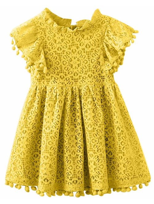 2Bunnies Girl Vintage Lace Pom Pom Trim Birthday Party Flower Girl Dress