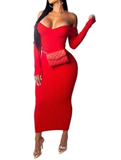 Cinyifaan Womens Turtleneck Knit Sweater Long Sleeve Bodycon Midi Pencil Dress with Belt