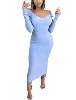 Cinyifaan Womens Turtleneck Knit Sweater Long Sleeve Bodycon Midi Pencil Dress with Belt