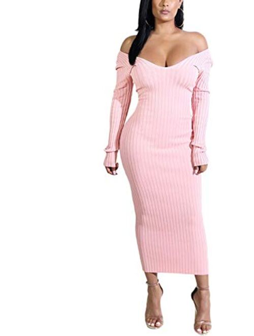 Cinyifaan Womens Turtleneck Knit Sweater Long Sleeve Bodycon Midi Pencil Dress with Belt