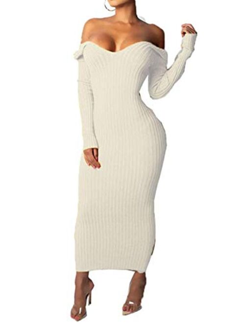 Cinyifaan Womens Turtleneck Knit Sweater Long Sleeve Bodycon Midi Pencil Dress with Belt