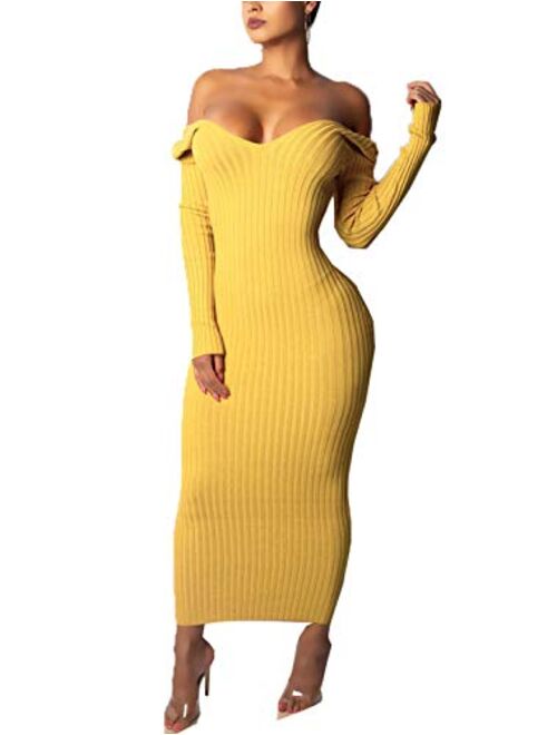 Cinyifaan Womens Turtleneck Knit Sweater Long Sleeve Bodycon Midi Pencil Dress with Belt