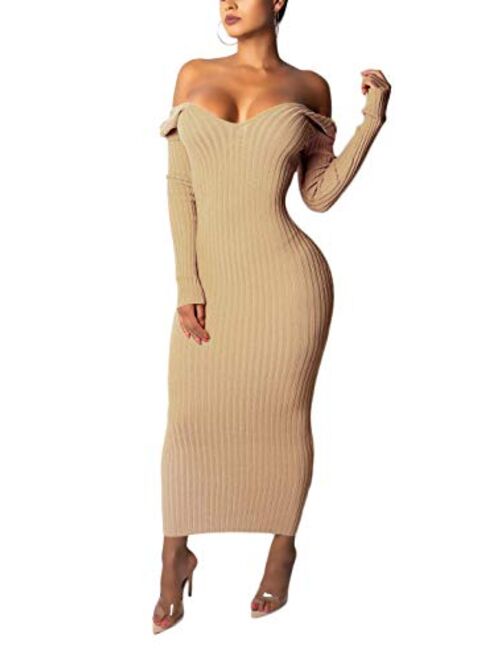 Cinyifaan Womens Turtleneck Knit Sweater Long Sleeve Bodycon Midi Pencil Dress with Belt