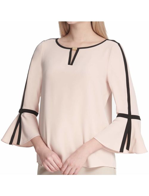 Calvin Klein Womens Bell Sleeve Top with Piping and Hardware