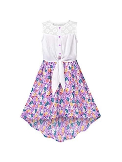 Girls Dress Chiffon Floral High-Low Tie Waist Party Princess