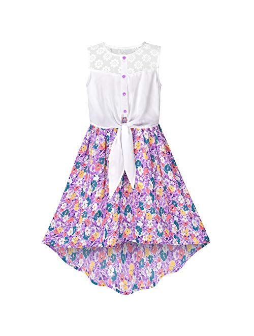 Sunny Fashion Girls Dress Chiffon Floral High-Low Tie Waist Party Princess