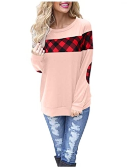 Women's Color Block Plaid Shirt Crew Neck Elbow Patches Pullover Sweatshirt Top