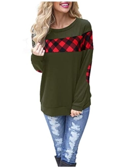 Women's Color Block Plaid Shirt Crew Neck Elbow Patches Pullover Sweatshirt Top