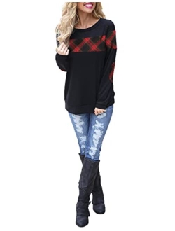 Women's Color Block Plaid Shirt Crew Neck Elbow Patches Pullover Sweatshirt Top