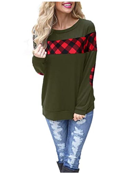 Blooming Jelly Women's Color Block Plaid Shirt Crew Neck Elbow Patches Pullover Sweatshirt Top