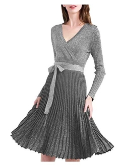 Women V Neck Long Sleeve Mock Wrap Fit Flare Belted Knit Sweater Dress