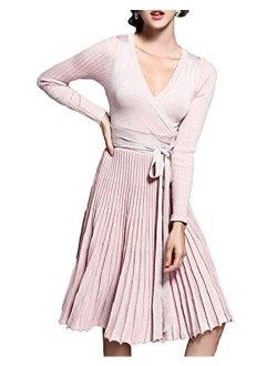 Women V Neck Long Sleeve Mock Wrap Fit Flare Belted Knit Sweater Dress