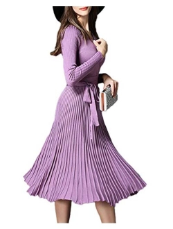 Women V Neck Long Sleeve Mock Wrap Fit Flare Belted Knit Sweater Dress