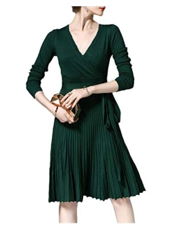 Women V Neck Long Sleeve Mock Wrap Fit Flare Belted Knit Sweater Dress