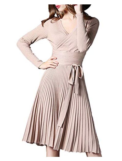 Women V Neck Long Sleeve Mock Wrap Fit Flare Belted Knit Sweater Dress