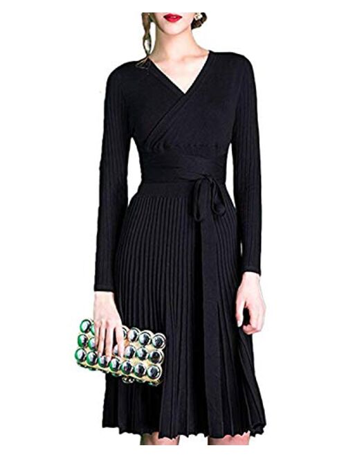 Women V Neck Long Sleeve Mock Wrap Fit Flare Belted Knit Sweater Dress