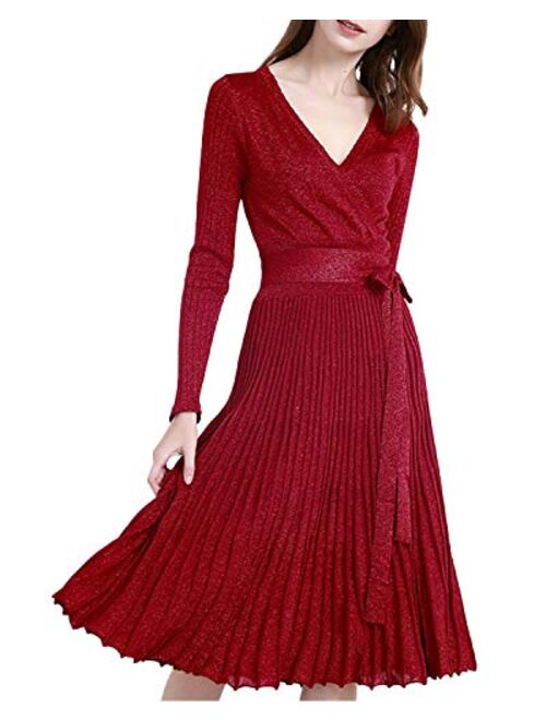 Women V Neck Long Sleeve Mock Wrap Fit Flare Belted Knit Sweater Dress