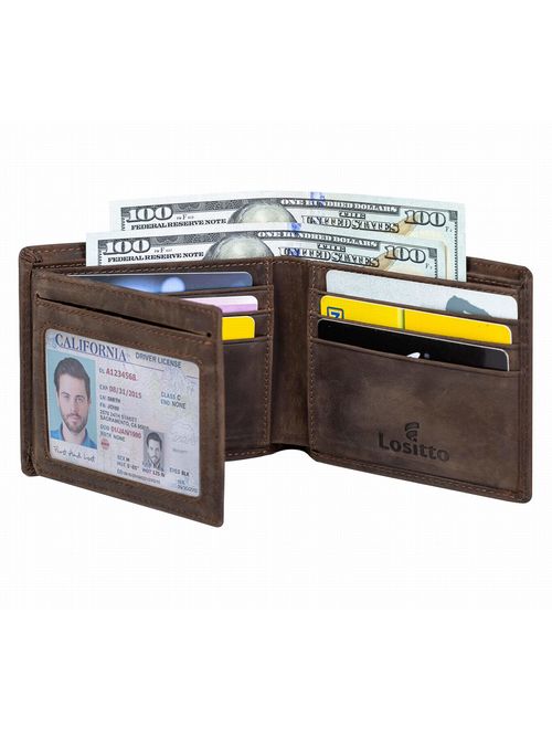 Men's Bifold Wallet - RFID Blocking Cowhide Leather Vintage Travel Wallet