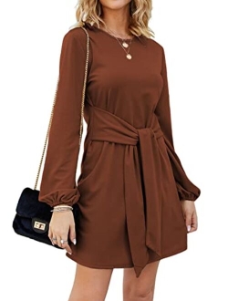 Tobrief Women's Autumn Winter Long Lantern Sleeve Knitted Bodycon Tie Waist Pencil Sweater Dress