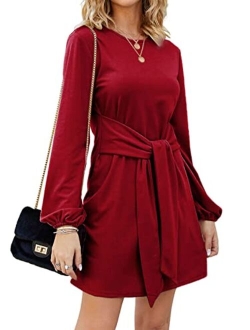 Tobrief Women's Autumn Winter Long Lantern Sleeve Knitted Bodycon Tie Waist Pencil Sweater Dress