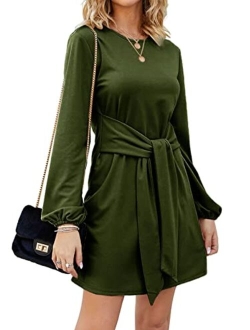 Tobrief Women's Autumn Winter Long Lantern Sleeve Knitted Bodycon Tie Waist Pencil Sweater Dress