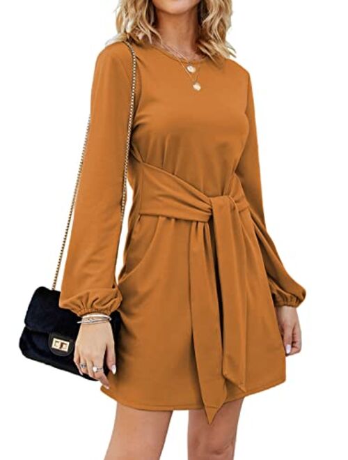 Tobrief Women's Autumn Winter Long Lantern Sleeve Knitted Bodycon Tie Waist Pencil Sweater Dress