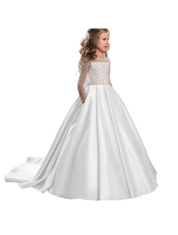 Christmas Flower Girl Dress Floor Length Button Draped Tulle Ball Gowns for Kids