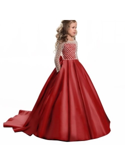 Christmas Flower Girl Dress Floor Length Button Draped Tulle Ball Gowns for Kids