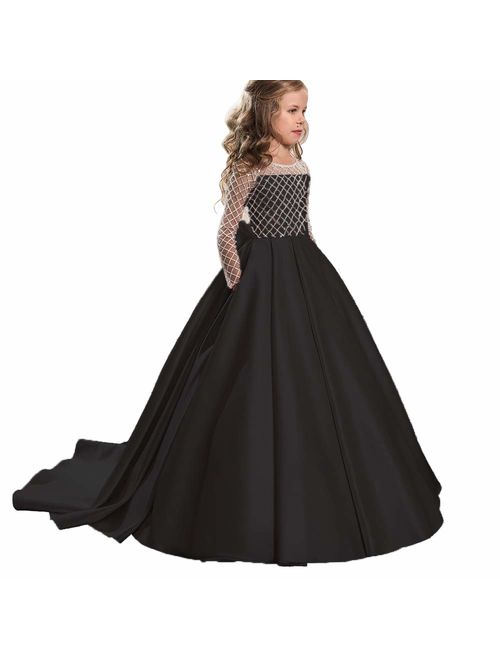 Christmas Flower Girl Dress Floor Length Button Draped Tulle Ball Gowns for Kids