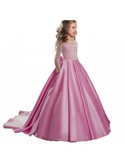 Christmas Flower Girl Dress Floor Length Button Draped Tulle Ball Gowns for Kids