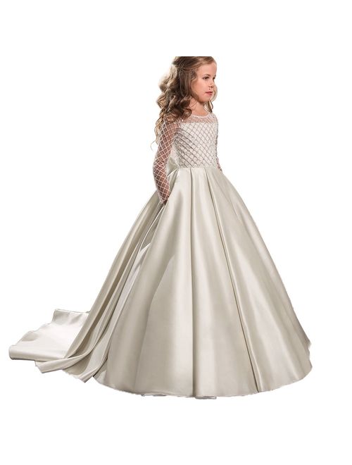 Christmas Flower Girl Dress Floor Length Button Draped Tulle Ball Gowns for Kids