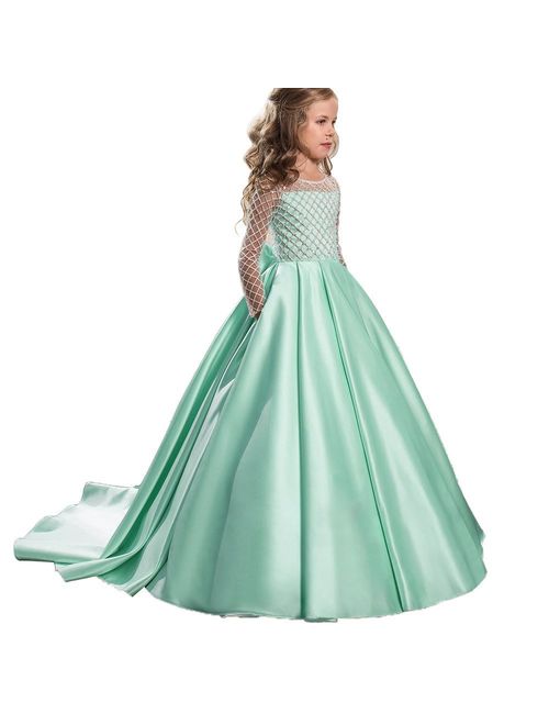 Christmas Flower Girl Dress Floor Length Button Draped Tulle Ball Gowns for Kids