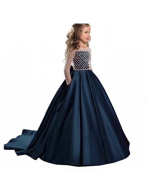 Christmas Flower Girl Dress Floor Length Button Draped Tulle Ball Gowns for Kids