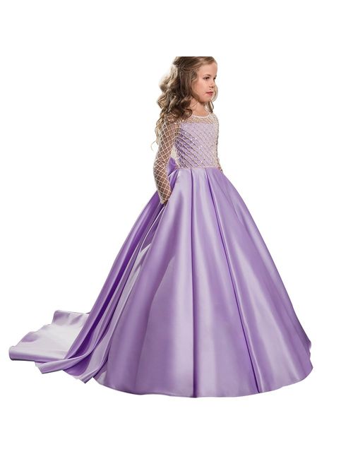 Christmas Flower Girl Dress Floor Length Button Draped Tulle Ball Gowns for Kids