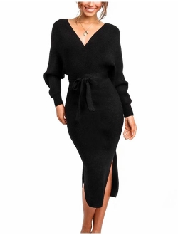 ZHPUAT Women's Sweater Dress Sexy V-Neck Long Batwing Sleeves Backless Wrap Cocktail Bodycon Dress with Belt