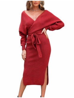 ZHPUAT Women's Sweater Dress Sexy V-Neck Long Batwing Sleeves Backless Wrap Cocktail Bodycon Dress with Belt