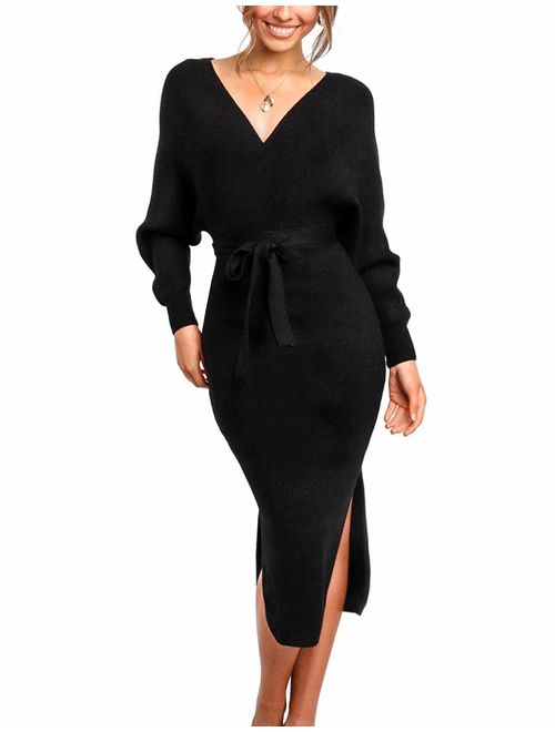 ZHPUAT Women's Sweater Dress Sexy V-Neck Long Batwing Sleeves Backless Wrap Cocktail Bodycon Dress with Belt