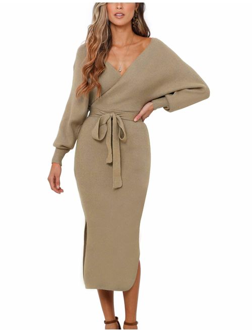 ZHPUAT Women's Sweater Dress Sexy V-Neck Long Batwing Sleeves Backless Wrap Cocktail Bodycon Dress with Belt